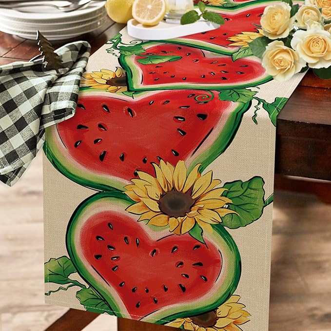 Seliem Summer Watermelon Table Runner, Love Heart Melon Fruit Sunflower Kitchen Dining Table Decor, Seasonal Burlap Home Decoration Indoor Outdoor Party Supply 13 x 36 Inch