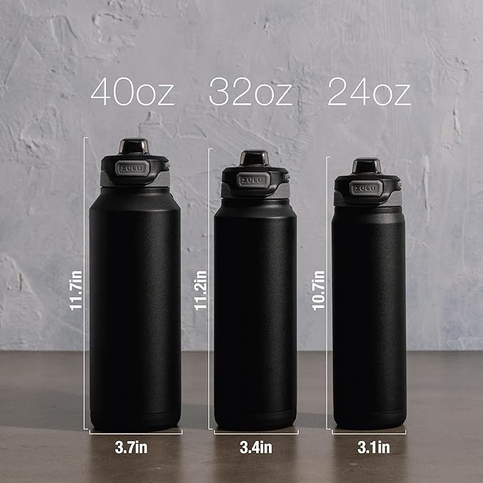 ZULU Powerfill Pro 40oz Stainless Steel Water Bottle with Quick Fill Lid, Triple Walled Vacuum Insulated Metal, Leak Proof Locking Lid, Sip and Chug, Reusable BPA Free, Black