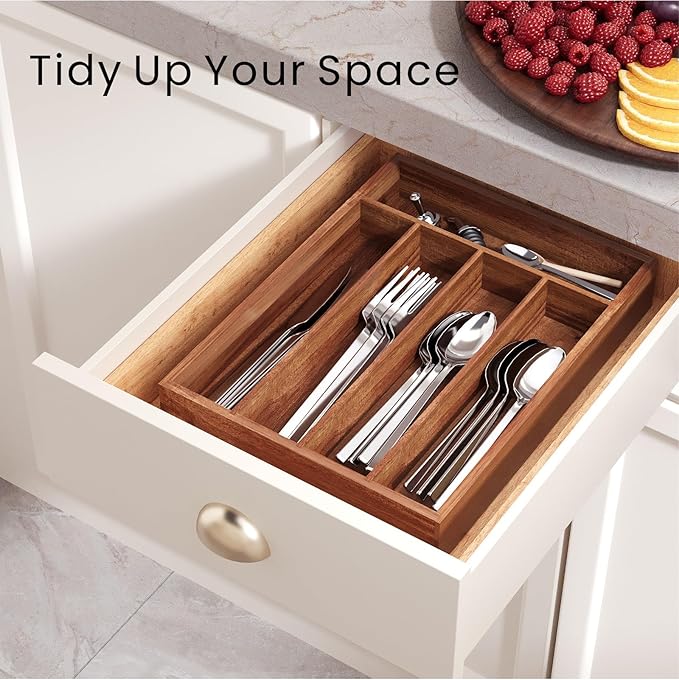 Silverware Organizer Acacia Wood Kitchen Drawer Organizer with 5 Slots Flatware Organizer Tray for Kitchen, Flatware, Utensils