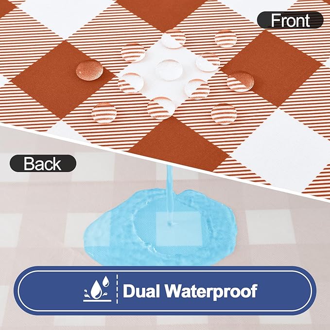 Smiry Picnic Table Cloth 2 Pack, Waterproof Elastic Fitted Tablecloths for 8FT Rectangle Tables, Washable Polyester Buffalo Plaid Tablecloth for Camping, Dining & Outdoor (Rust & White, 30" x 96")