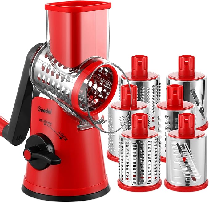 Geedel Rotary Cheese Grater Vegetable Shredder With 6 Interchangeable Blades No Slip Suction Base, Mandoline Slicer & Food Chopper for Cheese, Ice, Nuts, Vegetables, Veggie
