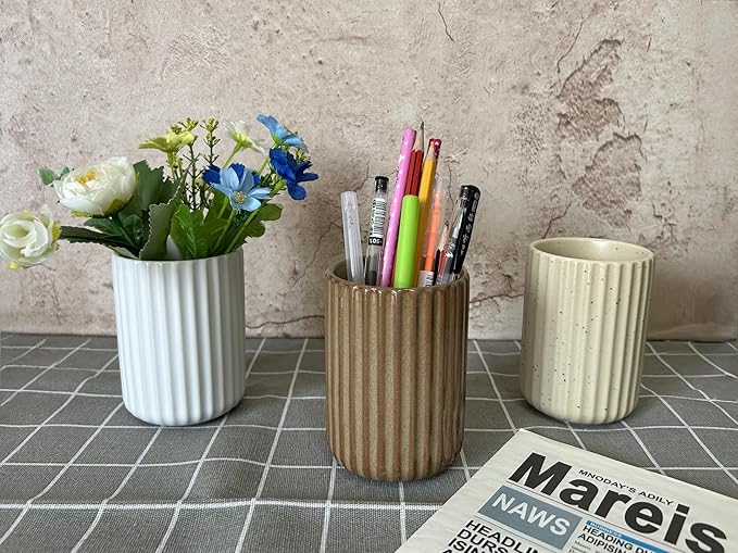 TOPYOKK Stoneware Coffee Bar Utensil Holder Tea & Coffee Spoon & Stirrer Holder for Stir Stick Straw Teaspoon Holder Spoon Cup Small Utensil Jar Fluted Vertical Stripe (Speckled Beige)