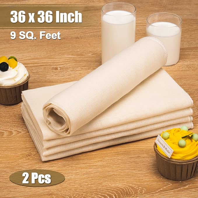 Amrules Cheese Cloths for Straining, 2PCS 36x36 Inch Grade 100 Cheese Cloth, Reusable Washable Unbleached Pure Cotton Cheesecloth for Cooking and Cheese Making with Hemmed Edge