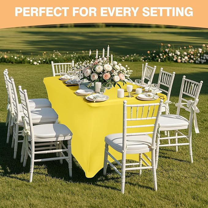 2 Pack 6 Feet Yellow Spandex Tablecloth for Rectangular Tables, Fitted & Stretch, Washable, Wrinkle Resistant, Perfect for Event, Wedding, Party, Banquet, Cocktail, Festival, and Table Protector
