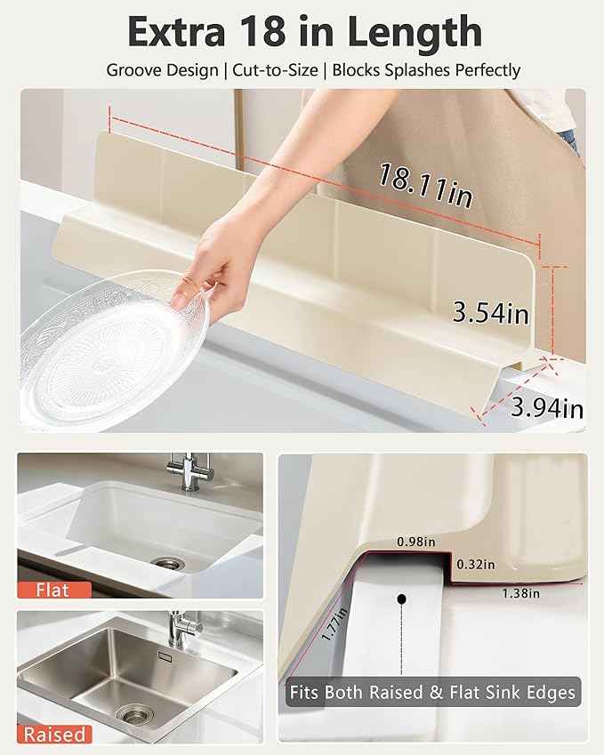 Kitchen Sink Splash Guard 18" Self-Draining Silicone Water Guard with High Splash Wall & Strong Suction Cups for Faucet, Countertop & Sink Edge, Keeps Sinks Dry, Dishwasher Safe,Cream