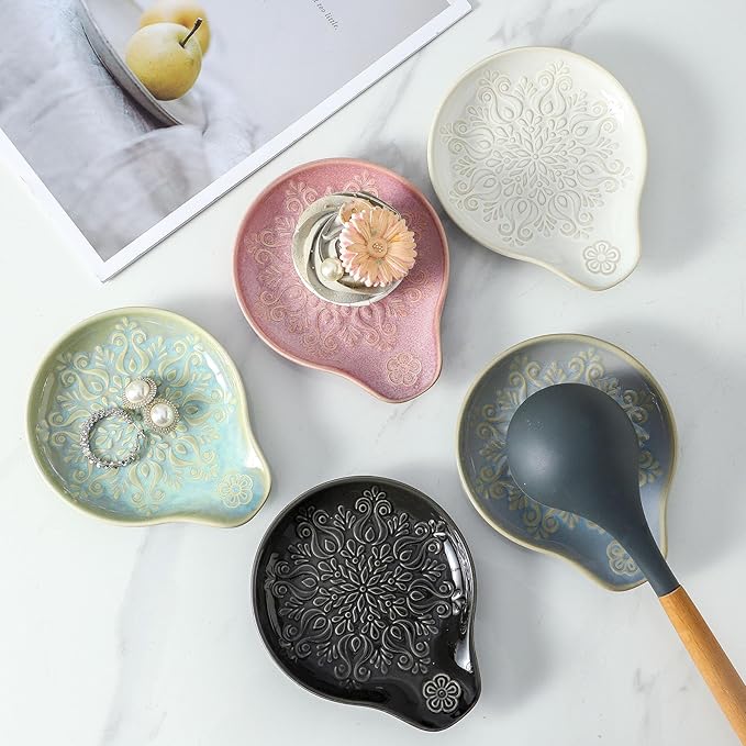 Farmhouse Ceramic Spoon Rests Holder for Kitchen Counter Stove Top (Green-A3)