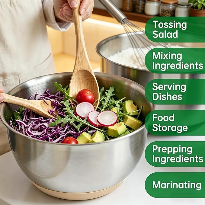 Deedro Premium Mixing Bowls with Airtight Lids Set, 22Pcs Thicker Stainless Steel Mixing Bowl Set, Large Prep Metal Bowls, Non-Slip Silicone Base Nesting Bowls for Kitchen, 1.5/2/3/4/5 QT, Khaki