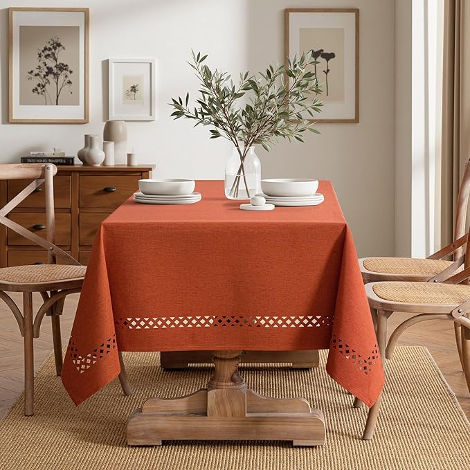 MIULEE Burnt Orange Rectangle Linen Polyester Fall Thanksgiving Tablecloth with Decorative Cutouts Waterproof Stain Resistant Table Cloth 60x104 inch Farmhouse Style for Dining Wedding Party