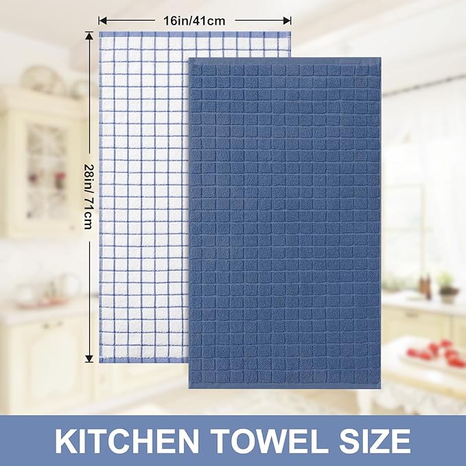 Homaxy Premium Cotton Kitchen Towels 16"x 28", Large Natural Ring Spun 390 GSM Dish Towels, Super Absorbent Terry Kitchen Hand Towels, Soft Tea Towels with Hanging Loop, Navy Blue Check Design, 4 Pack