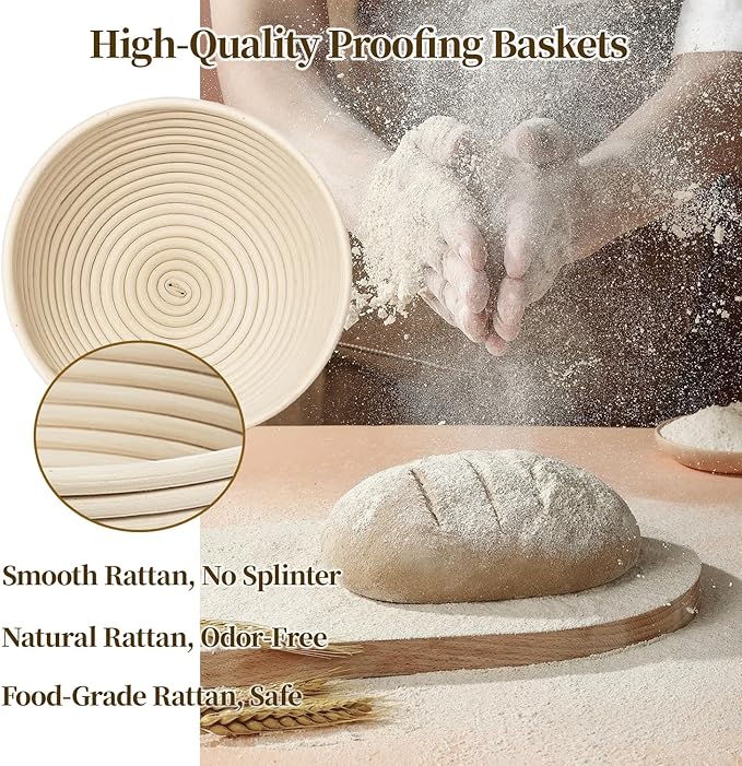 Banneton Bread Proofing Basket - Proofing Basket Set of 2 (9 inch Round) - Natural Rattan Banneton with 4 Linen Liners - Bread Basket for Sourdough Bread Baking Supplies