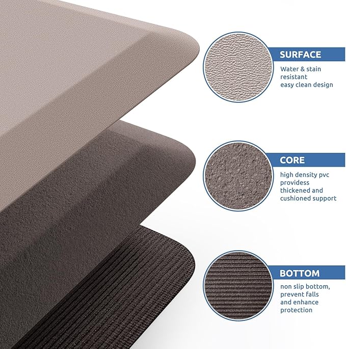 KitchenClouds Kitchen Mat Cushioned Anti Fatigue Rug 20"x32" Water Resistant, Non Slip, Standing and Comfort Desk/Floor Mats for House Sink Office (Khaki)