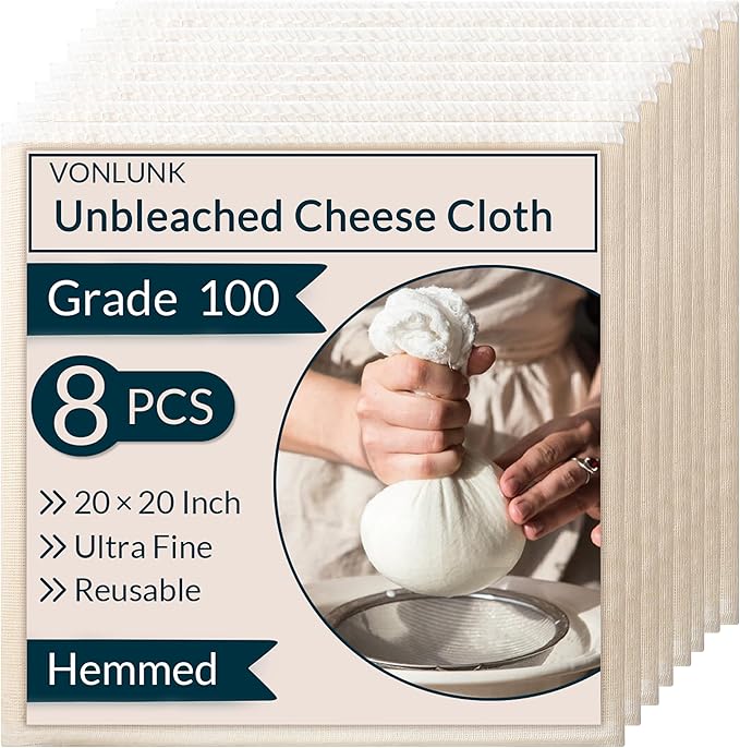 8-Pack Cheesecloth, 20x20 Inch Hemmed Cheese Cloth for Straining, Reusable Unbleached Cotton Strainer for Cooking, Baking, Juicing, and Cheese Making (Grade 100)