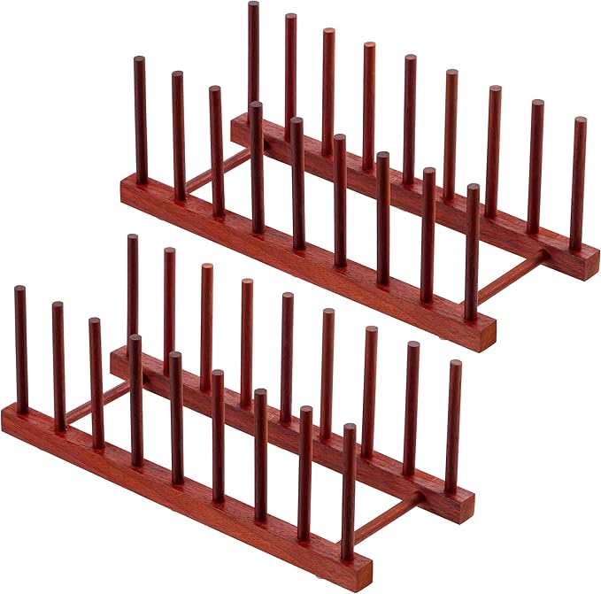 HBlife 2pcs Padauk Wooden Dish Drying Rack - Home and Kitchen Organizer for Cups, Bowls, Pots, Lids, Cutting Boards & Plates Space-Saving for Cabinets Counters (8 Slots)