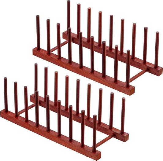 HBlife 2pcs Padauk Wooden Dish Drying Rack - Home and Kitchen Organizer for Cups, Bowls, Pots, Lids, Cutting Boards & Plates Space-Saving for Cabinets Counters (8 Slots)