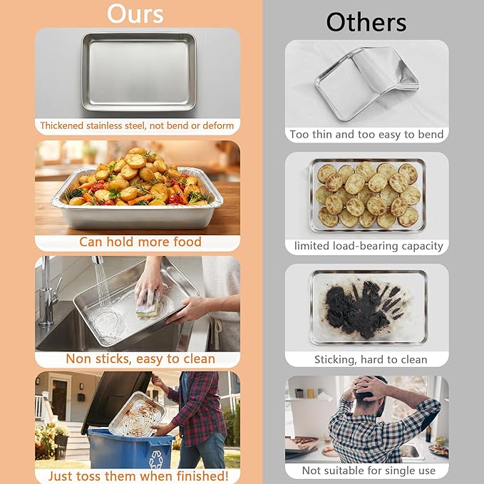 9x13 Baking Pan - Rectangle Cake Pan Deep Heavy Duty Stainless Steel Oven Safe Roasting Baking Pan for Lasagna Brownies Casseroles, with Half Size 10 Pack Disposable Aluminum Foil Pans 9x13