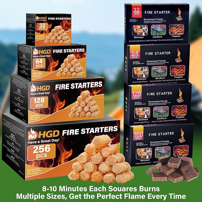HGD Fire Starter, 64 Mini Square, Natural Fire Starters for BBQ, Campfire, Fireplace, Charcoal, Wood Stove, Chimney, Fire Pit, Grill, Smoker, Indoor Outdoor Use