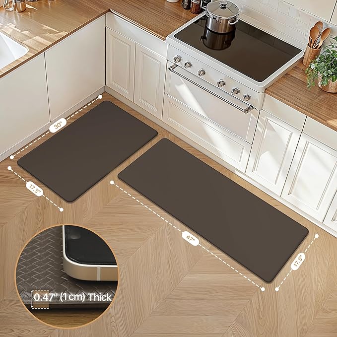 GENIMO Kitchen Mats for Floor 2PCs, Washable Anti Fatigue Mat for Cushioned, 17.3"x47"+17.3"x30", Waterproof Kitchen Rugs, Non Slip Comfort Standing Mat Rug for Home, Sink, Laundry, Chocolate