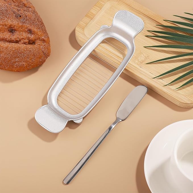 Cheese Butter Slicer, Stainless Steel Cheese Cutter Ergonomic Wires Butter Cutter Single Stick Even Slicer for Portion Control Kitchen Food Tool with Butter Spatula for Butter Block (Silver)