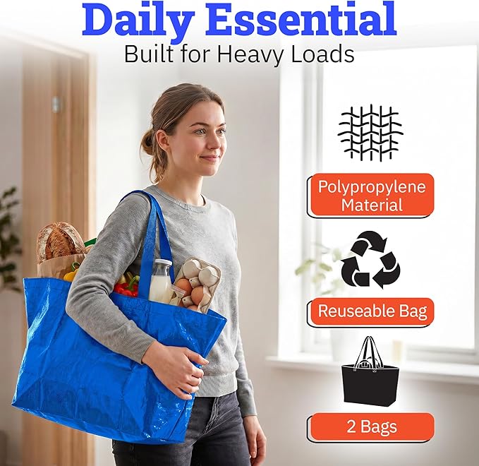 DURASACK Haul-It-All Extra-Large Reusable Shopping Bag – Heavy Duty Open-Top Tote with Handles, 18-Gallon Capacity, Blue, Pack of 2