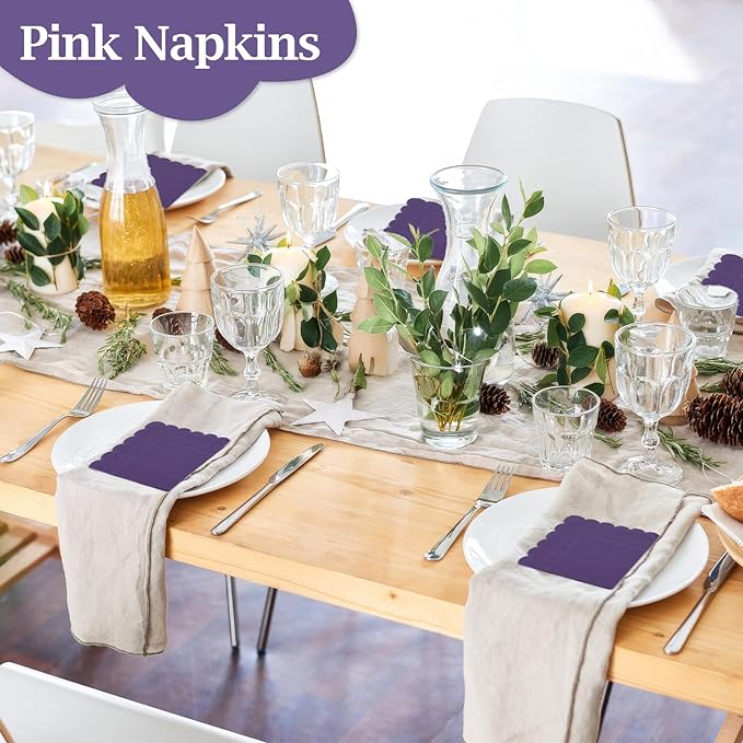 100 Pcs Cocktail Napkins, 2-Ply 5 x 5 Inches Disposable Scalloped Napkins, Thick Premium Dessert Napkins for Party, Wedding, Dinner, Birthday, Anniversary, Festival (Purple)