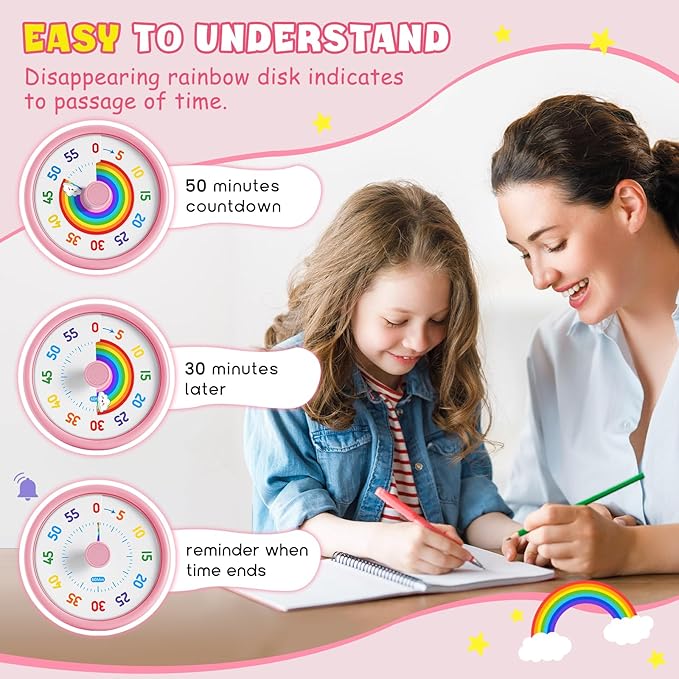 HIPPIH Visual Timer for Kids, 60 Minute Countdown Timers for Classroom Kitchen Office, Rainbow Disk Desk Timer Clock with Silent Operation, Pomodoro Timer Time Management Tools for Toddler ADHD Pink
