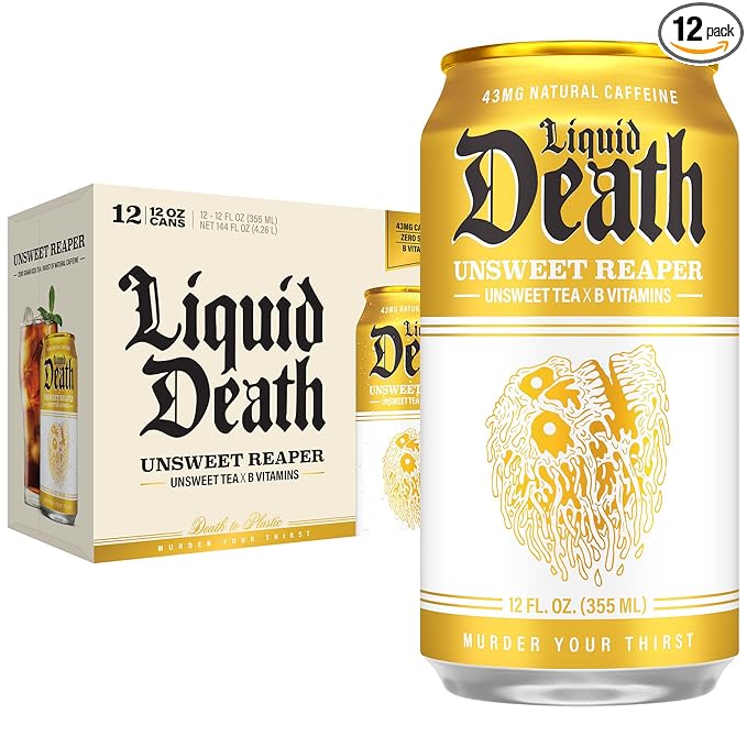 Liquid Death Iced Tea - Unsweet Reaper, Less Sugar*, Boost of Caffeine, B Vitamins, No Artificial Sweeteners, 12 Fl Oz (Pack of 12)