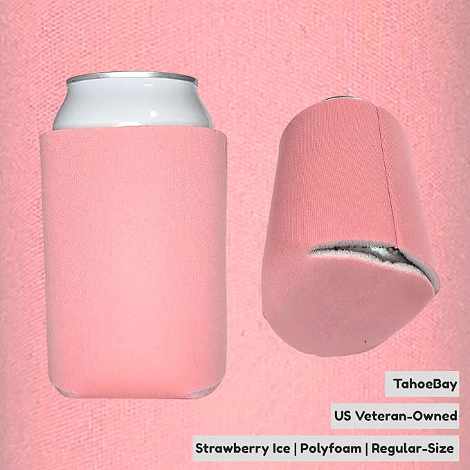 TahoeBay Bulk Blank Beer Can Cooler Sleeves (50-Pack) Sublimation Blanks for Vinyl Plain Soft Foam Can Sleeves Coolers for Soda Cans & Bottles Black, White, Assorted Solid Color (Strawberry Ice)