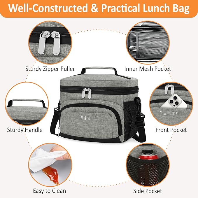 Vankor Insulated Lunch Bag for Men Women, Reusable Lunch Box Leakproof Cooler Lunch Tote Bag with Adjustable Shoulder Strap for Work Office Picnic Beach Travel, Cationic Light Grey
