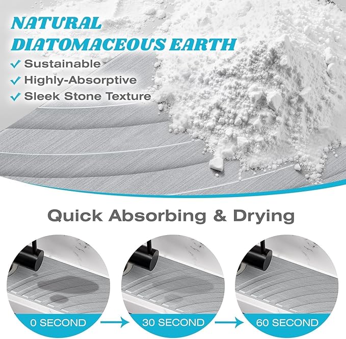Stone Faucet Mat for Kitchen Sink - Fast Drying Diatomite Stone Drying Mat, Textured Drainage Sink Protector, Water Splash Guard with Base Pads for Bathroom Counter (23.7x4 in, Light Gray)