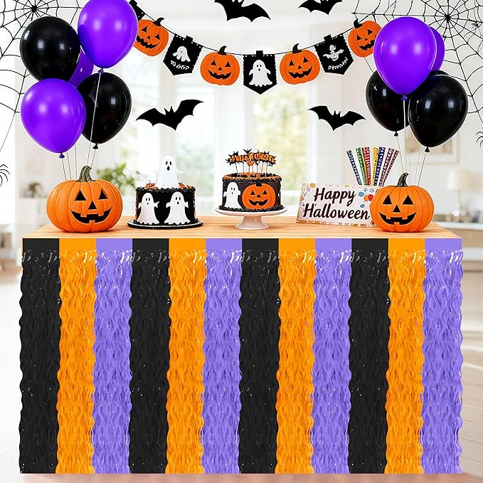 Halloween Table Skirts Decor, 2 Pack Black Orange Purple Desk Skirts Party Decorations, Halloween Wavy Tinsel Foil Fringe Table Skirts, Foil Favors for Indoor Party Backdrop Supplies