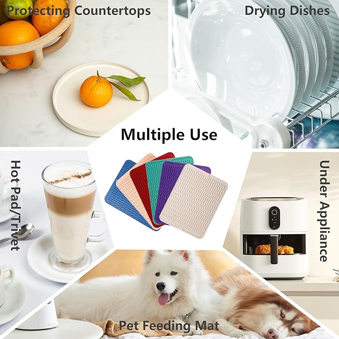 ZLR Silicone Dish Drying Mat 12" x 12" Square - Small Heat Resistant Trivet & Countertop Protector for Air Fryer, Coffee Maker - Waterproof Kitchen Drain Pad for Cups, Fruit (Cassava White)