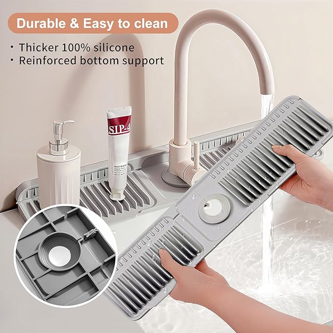 23.6 inch Silicone Faucet Mat for Kitchen Sink - 6° Slope & Fasten Button Design, Quick-Dry Splash Guard Water Catcher Behind Faucet, RV/Bathroom Safe (Gray)