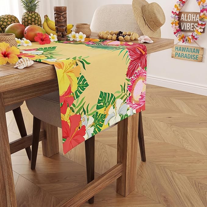Luau Party Decorations - Hibiscus Palm Leaf Table Runner | Hawaiian Theme Party Decorations for Summer Beach Pool Birthday - Tropical Decor Party Favors Supplies for Home Kitchen Dining