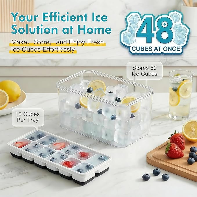 NFK Ice Cube Tray with Lid & Bin - 4 Pack 48 Cubes Stackable Silicone Trays for Freezer with Storage Container, Leak-Proof Lids, BPA-Free, Easy Release for Kitchen, RV, Party, Cocktail & Coffee