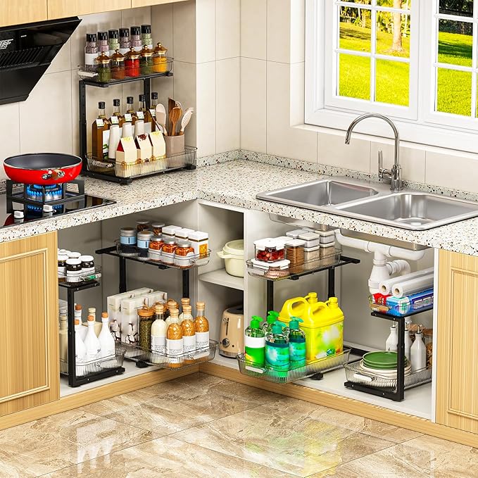 2 Pack Double Sliding Under Sink Organizers and Storage,Two Tier Bathroom Storage and organization,Under Cabinet Organizer, Clear