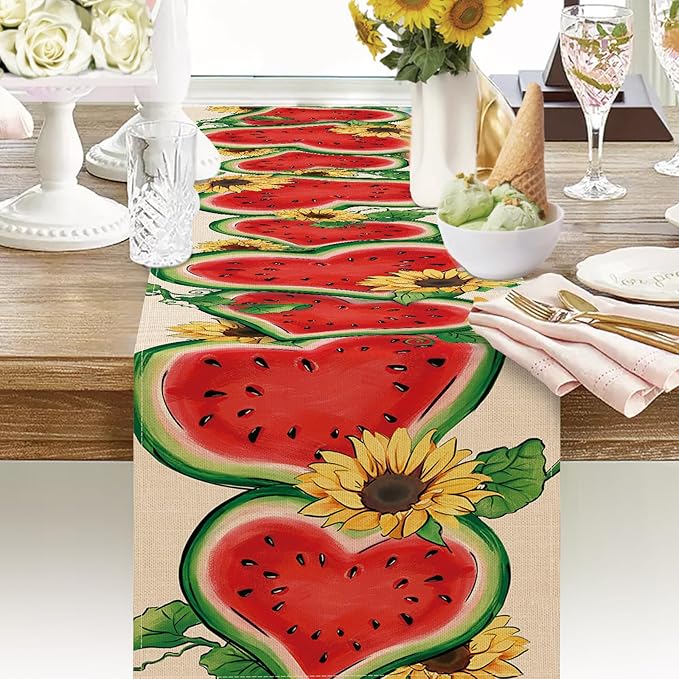 Seliem Summer Watermelon Table Runner, Love Heart Melon Fruit Sunflower Kitchen Dining Table Decor, Seasonal Burlap Home Decoration Indoor Outdoor Party Supply 13 x 36 Inch