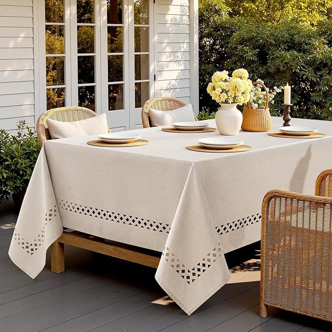 MIULEE Beige Rectangle Linen Polyester Tablecloth with Decorative Cutouts Spring Waterproof Stain Resistant & Shrink-Proof Table Cloth 60x120 inch Farmhouse Style for Dining Wedding and Outdoor