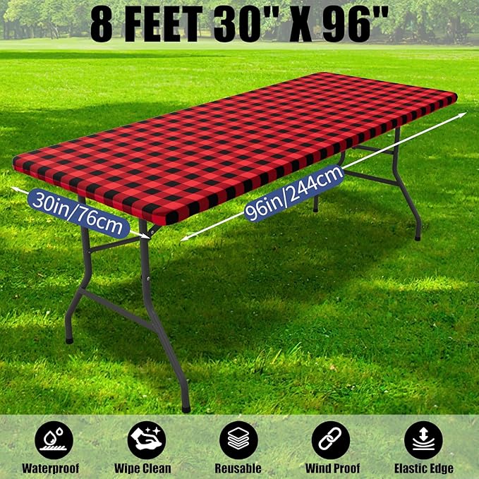 Smiry Picnic Table Cloth 2 Pack, Waterproof Elastic Fitted Tablecloths for 8FT Rectangle Tables, Washable Polyester Buffalo Plaid Tablecloth for Camping, Dining & Christmas(Black & Red, 30" x 96")