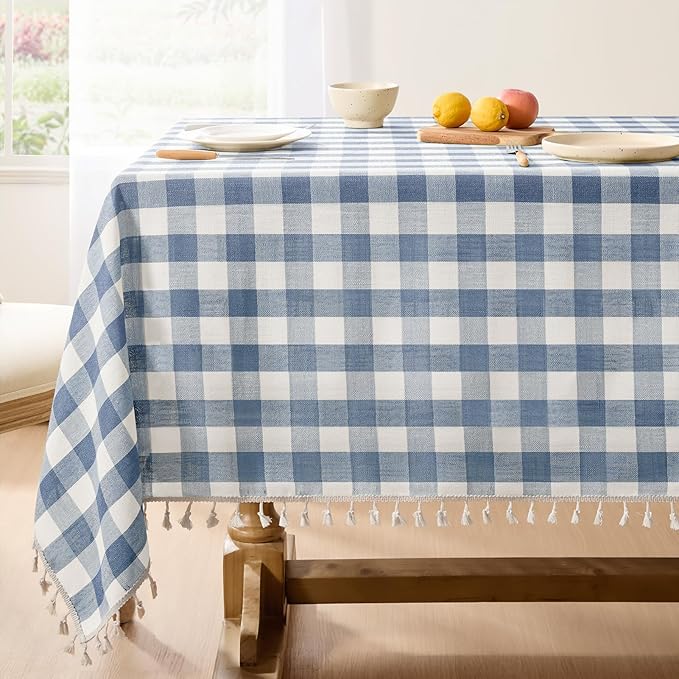 Softalker Checkered Tablecloth Square, Outdoor Linen Cotton Gingham Table Cloth with Tassel, Heavy Duty Wrinkle Free Buffalo Plaid Table Cover for Kitchen Dining Summer Party - 55 x 55 Inch, Blue
