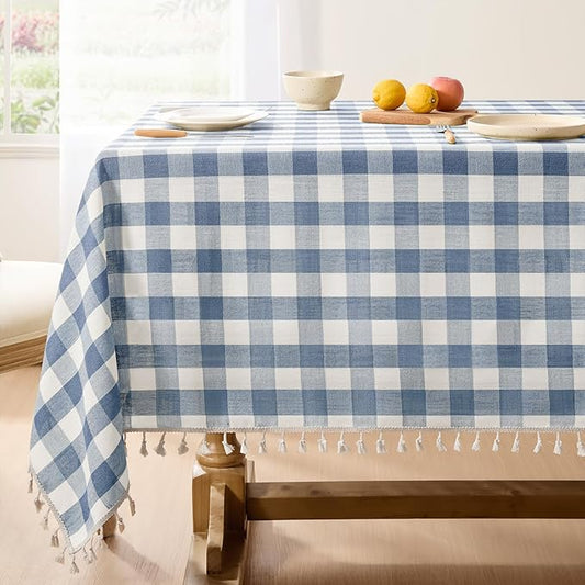 Softalker Checkered Tablecloth Rectangle, Outdoor Linen Cotton Gingham Table Cloth with Tassel, Heavy Duty Wrinkle Free Buffalo Plaid Table Cover for Kitchen Dining Summer Party - 55 x 84 Inch, Blue