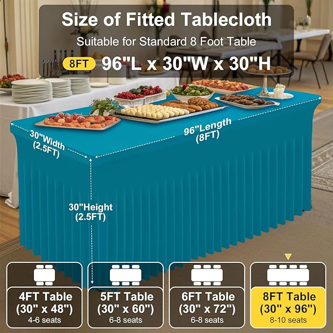 Smiry Spandex Tablecloth, Elastic Fitted Stretch Tablecloth for 8FT Rectangle Tables, Waterproof Washable Table Cover Skirt for Outdoor, Wedding, Banquet & Parties (Turquoise, 96Lx30Wx30H Inch)