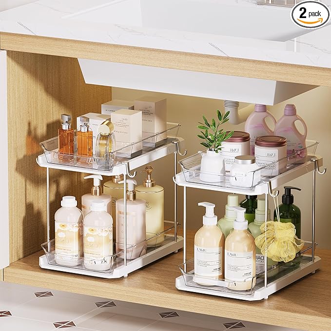 Delamu Under the Sink Organizer, 2-Tier Pull-Out Cabinet Drawers with Adjustable Shelf & Hooks, Under Sink Cabinet Organizer for Bathroom, Kitchen, Vanity & Every Household(White, 2 Pack)