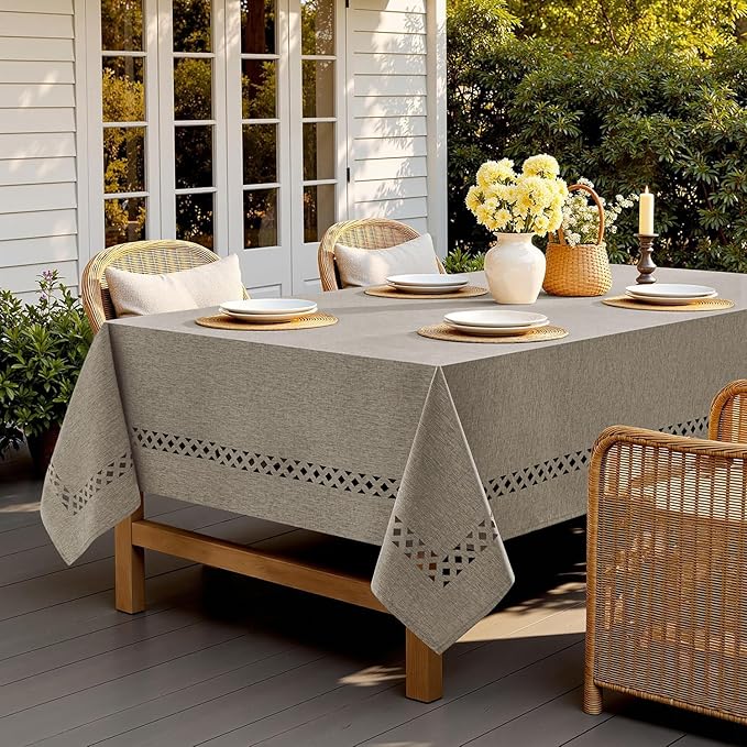 MIULEE Linen Rectangle Linen Polyester Tablecloth with Decorative Cutouts Spring Waterproof Stain Resistant & Shrink-Proof Table Cloth 60x84 inch Farmhouse Style for Dining Wedding and Outdoor