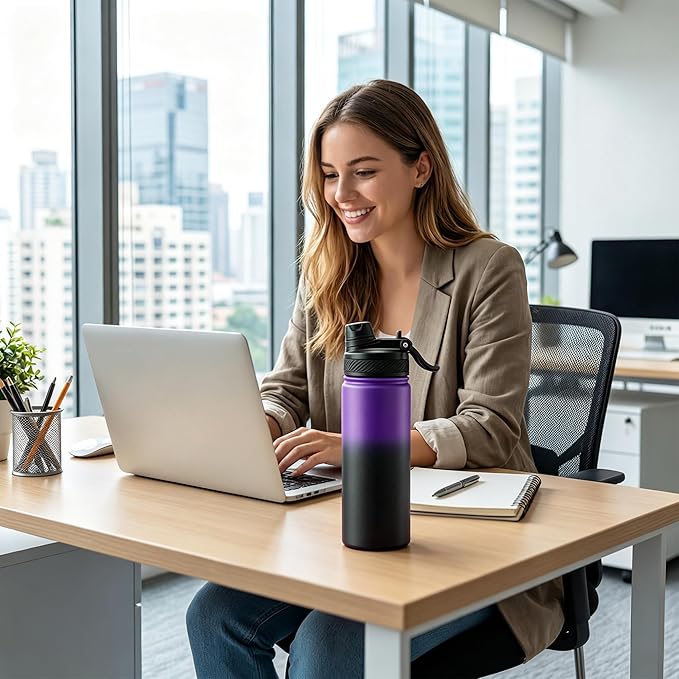 Fijinhom 18 oz Insulated Water Bottle, 2-in-1 Straw and Spout Lid Stainless Steel Thermos, Leak-Proof, Double Wall Vacuum Flask, Keep Cold 24H for Outdoor, Sports, Travel, School (Purple&Black)