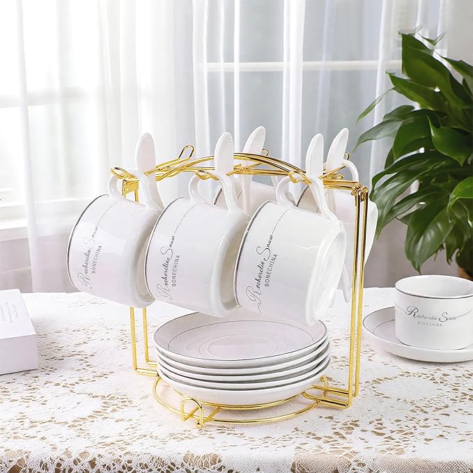 Coffee Cup Holder,Gold Tea Cups and Saucers Display Storage Rack,Metal Organizer for Espresso Cups Spoon and Saucers