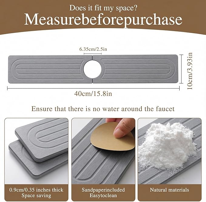 Premium Diatomite Stone Drying Mat for Kitchen Counter - Faucet Mat for Kitchen Sink, Sink Protector & Splash Guard, Quick-Dry Kitchen Sink Mat,Super Absorbent (Gray, 15.8"x4")