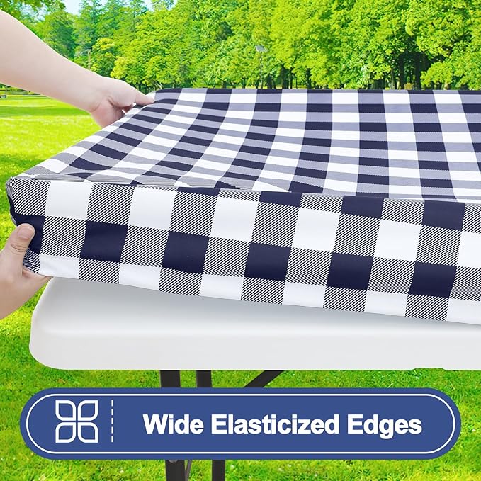 Smiry Picnic Table Cloth 2 Pack, Waterproof Elastic Fitted Tablecloths for 5FT Rectangle Tables, Washable Polyester Buffalo Plaid Tablecloth for Camping, Dining & Outdoor (Navy & White, 30" x 60")