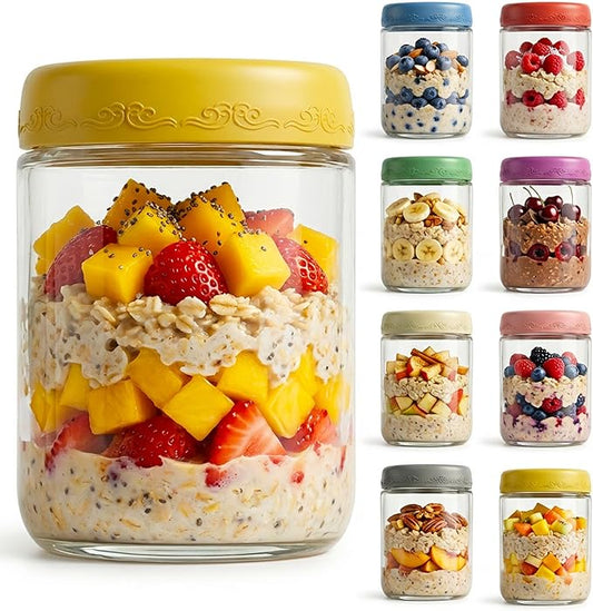 16oz 8Pack Glass Overnight Oats Jars Containers with Airtight Leakproof Lids, Reusable Mason Jars for Meal Prep, Yogurt Parfaits, Smoothies, Salads & Healthy Breakfast(16oz-8Pack)