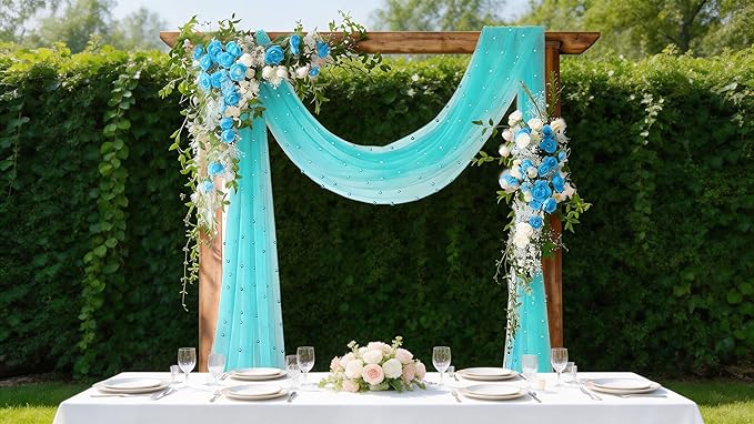 Socomi Pearl Table Runner Teal Blue Summer Wedding Arch Draping Fabric 19FT Sheer Tulle Chiffon Gauze Cheese Cloth Outdoor Drapes for Birthday Party Baby Shower Bridal Engagement Decor