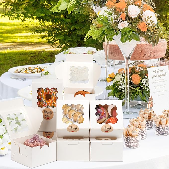 12 Pcs Cookie Boxes with Window, 6x6x3 Inches White Bakery Boxes, Treat Boxes with 50 Pcs Cookie Bags and 12 Pcs Stickers, for Dessert Pastry Chocolate Strawberries Macarons Donut Cupcake